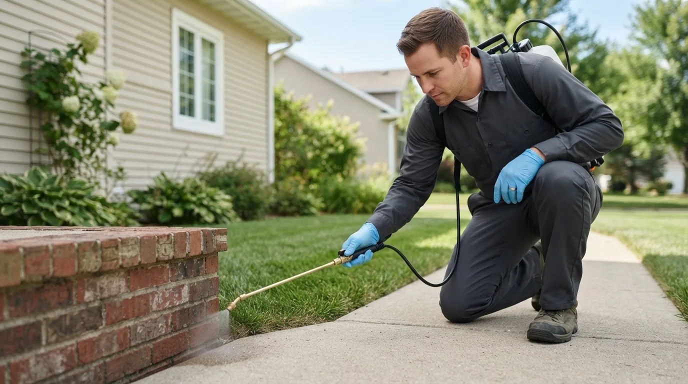 Pest control technician treating a home near Falmouth, IN
